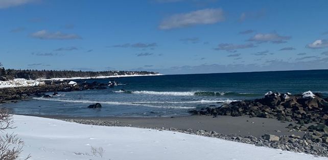 The ocean waves crashing on the beach on a winter day.