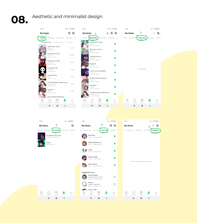 6 screenshots showcasing the 6 different tabs available by horizontal scrolling, on the My Series page on Webtoon.