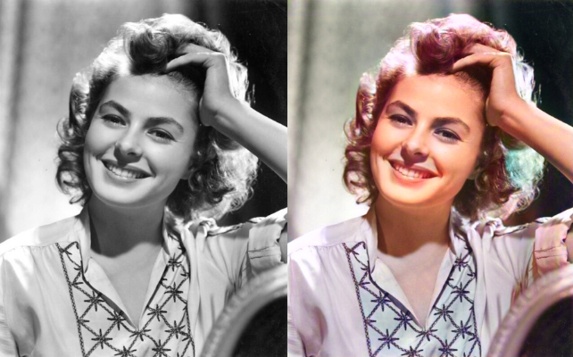 The screenshot displays black and white old photos of Ingrid Bergman — the input (Left) and its colorized version (Right) — created using Pixbim Color Surprise AI.