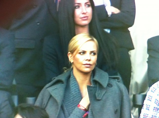 Charlize Theron watching Germany defeat Argentina in the 2010 World Cup
