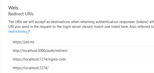 Image showing redirect URI including https://localhost:7274