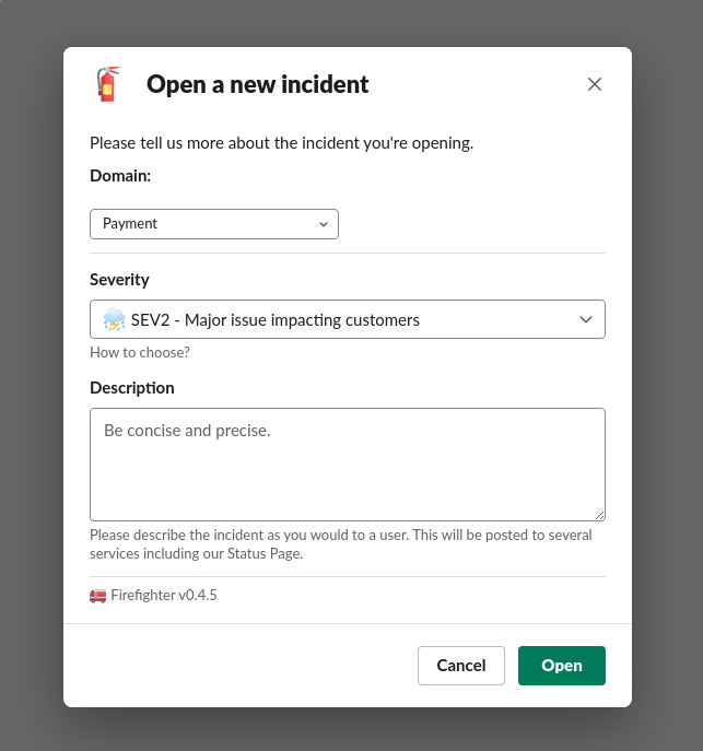 window: open a new an incident in the application