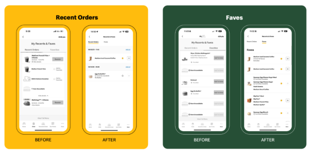 Before and after images of Recent Orders and Faves screens