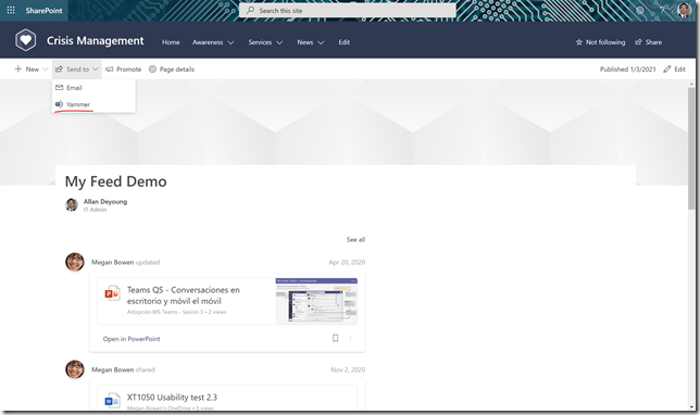 Post a SharePoint news or page in Yammer