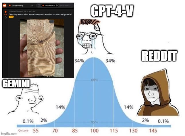 The IQ Bell Curve meme juxtaposes a Reddit post about wood growth rings with caricatures labeled “GPT-4-V” and “REDDIT” on opposing sides of an IQ distribution graph. [Alt text by ALT Text Artist GPT]