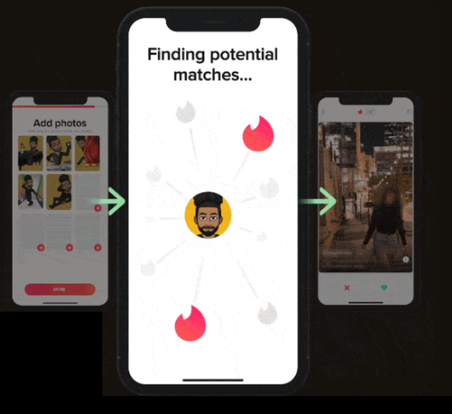 Demonstra o app do Tinder com um titulo “Procurando potencial matches”