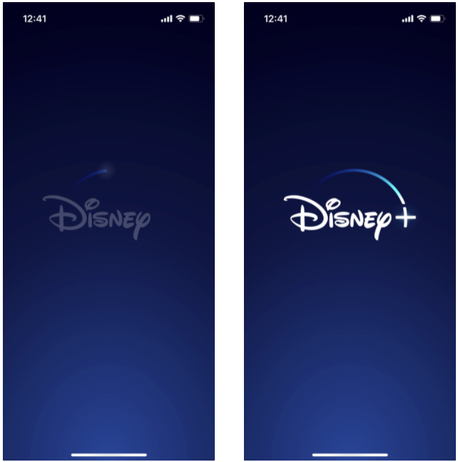 Disney+ mobile app splash screen showing a rounded comet forming part of the logo that streaks above the word Disney to reach the “+” symbol