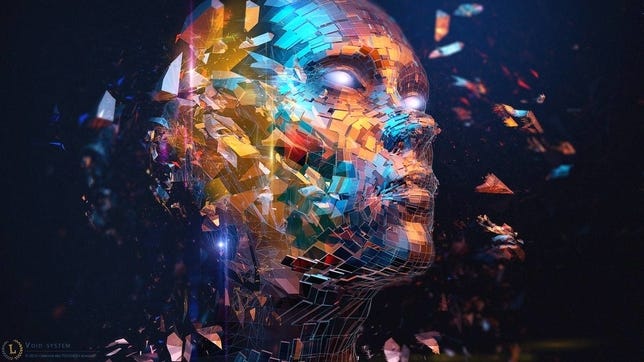 A digital artwork of a colourful face made of small scaly parts. Some of these parts are flying away from the face.