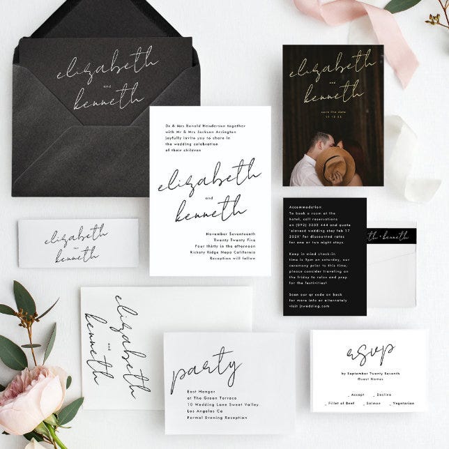 Custom Names Modern Black and White Wedding Invitation | Zazzle