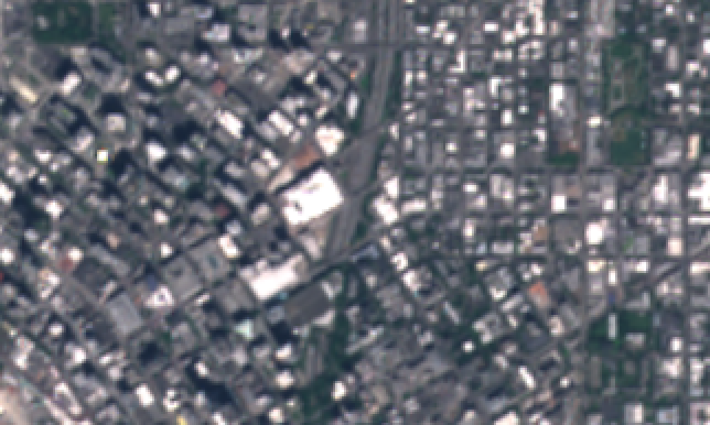 A Sentinel-2 image of Seattle, highlighting the low 10 m/pixel resolution of Sentinel-2 images.