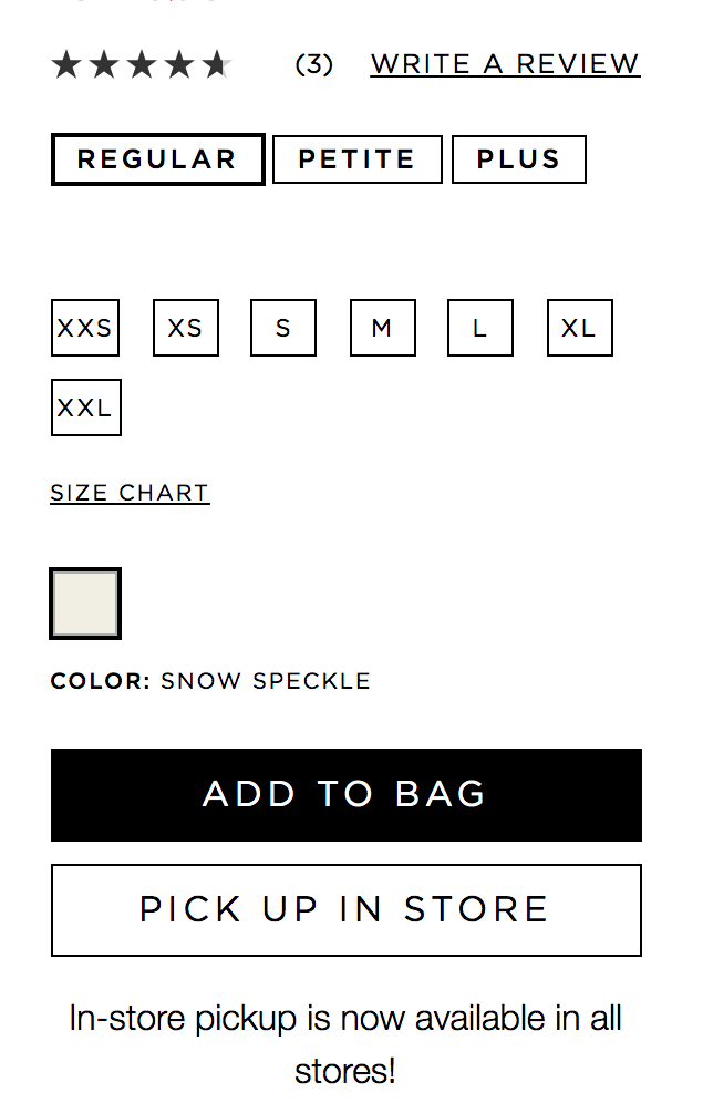 Screenshot of Loft’s add to cart options