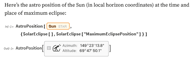 Excerpt from book showing the position of the sun and moon using the AstroPosition function during the maximum solar eclipse