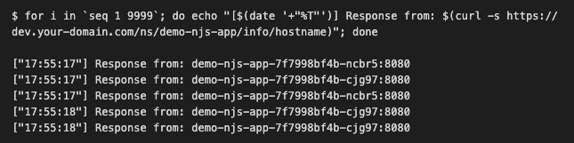 The screenshot of a terminal window showing the output of a looped curl command that sends requests to two pods and prints back the application response which contains the host names of both pods split 50/50.