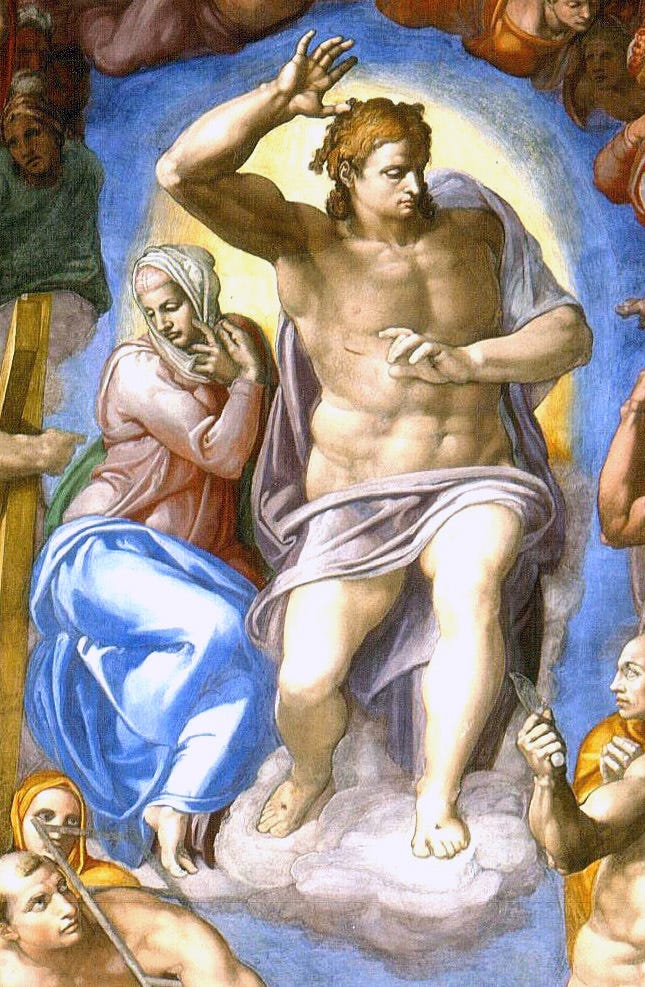 Detalle del Juicio Final, con Jesucristo y su madre, María. Miguel Ángel. Dominio público