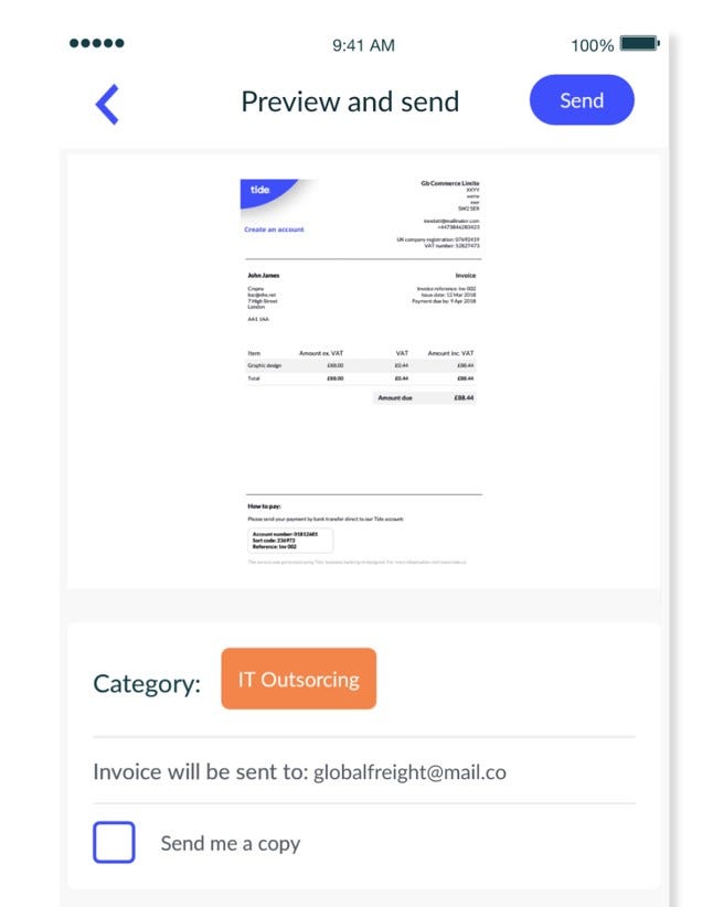 invoicing feature in Tide banking app