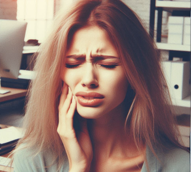 Vrouw met lang los donkerblond haar in kantoor heeft last van pijn mond stress gerelateerd.