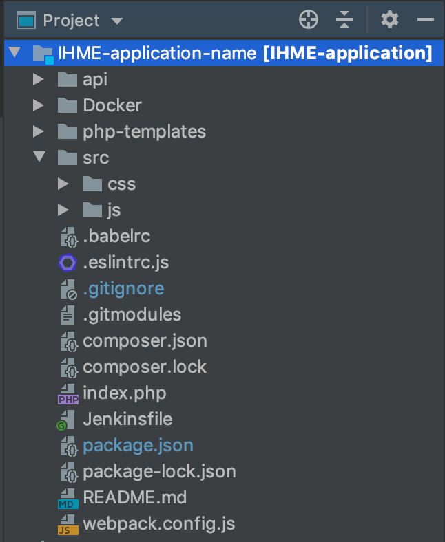 File structure for a generic IHME-application to illustrate API, source code, developer tools, and deployment.