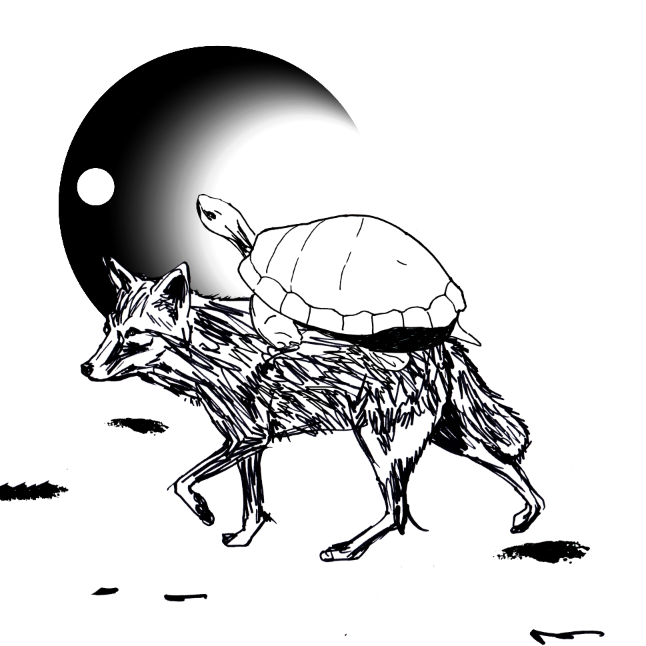 Black & white image. Coyote with turtle on back, moon in background.