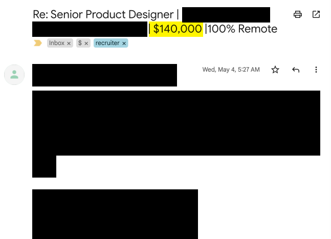 senior offer email at 140k