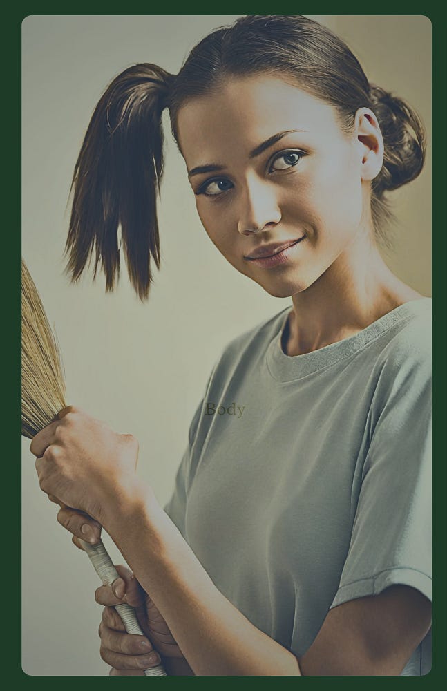 Photo of a young girl in ponytails holding up a mop, smiling