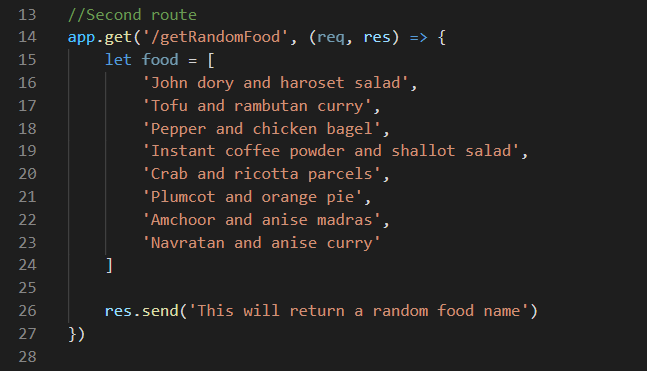 Code snippet where we are setting up a new API route for getting back a random food name