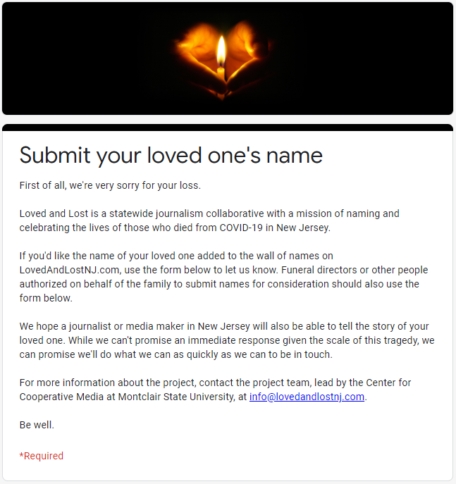 Screenshot of a submission form for Loved and Lost