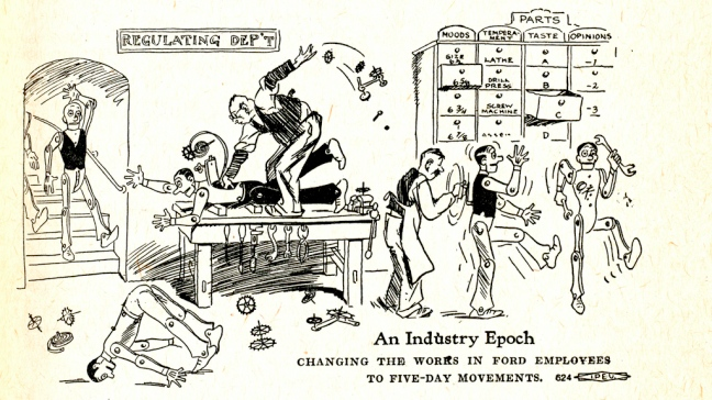 Image of workers in a factory with the caption: “An Industry Epoch: Changing the works of Ford employees to five-day movements.”