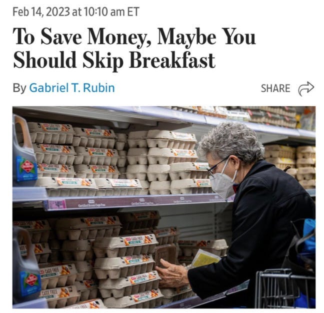 Wall Street Journal wants you to skip breakfast, using image of masked older person shopping for notoriously over-priced eggs