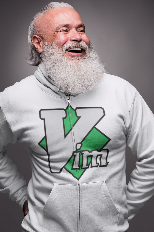 Image of a cheerful man with a long white beard, wearing a white hoodie featuring a large green and black Vim logo. He is smiling broadly, creating a warm and joyful atmosphere.