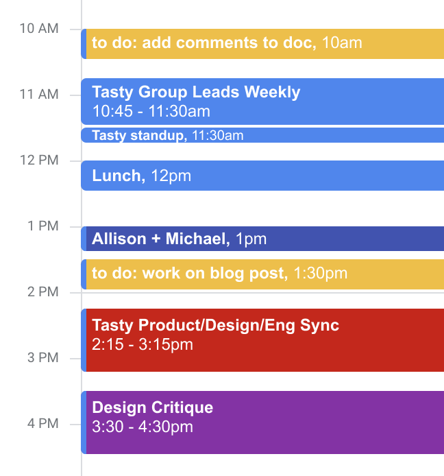 A sample day from my calendar. I color-code those events on my calendar in yellow so I always know that a yellow event is a to-do list item. I also use the prefix “to do” in the task name.