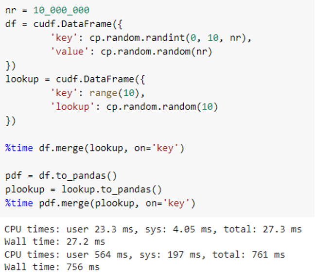 Python code comparing the “merge” API between pandas and cuDF