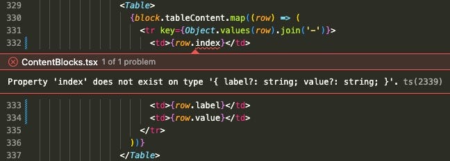 TypeScript error message noting that a key is being used that doesn’t exist on the type