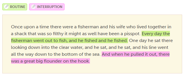 An exerpt from the Fisherman and his Wife. A routine is established: Every day the fisherman went out to fish, and he fished and he fished. It is then interrupted: His line went all the way down to the bottom of the sea. And when he pulled it out, there was a great big flounder on the hook.