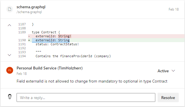 An automatically created comment in an azure devops pr which informs about a breaking schema change