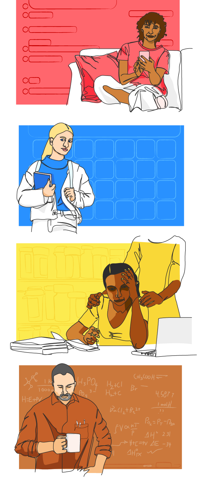 Four vertical illustrations. At the top is a smiling woman on her phone. The second is a smiling woman holding a book. The third is a girl sitting at a desk with her head in one hand while reading something; behind her is a man putting his hands on her shoulder. At the bottom is a man looking down in front of a chalkboard full of chemistry equations.