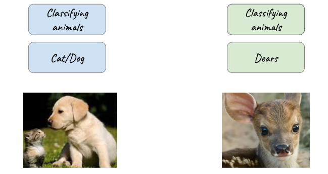 an image depicting 2 tasks, one is to recognize cat/dog, the other to recognize dears