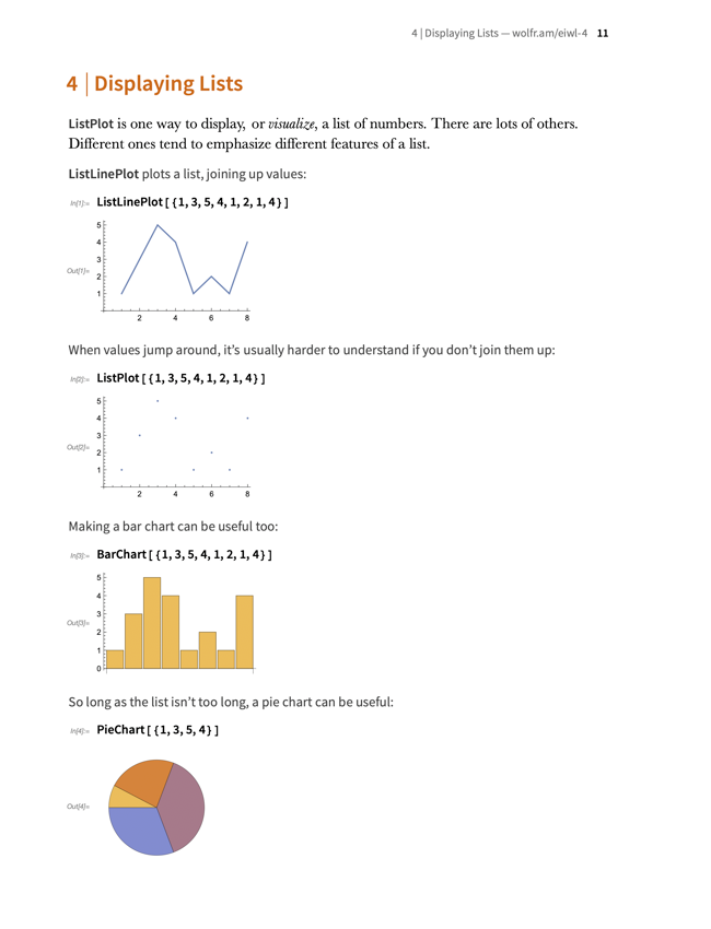 Excerpt from “An Elementary Introduction to the Wolfram Language, Third Edition” on ListLinePlot and displaying lists