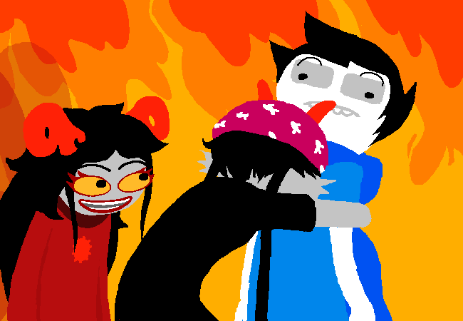 Meenah hugs John close against a backdrop of fire. Aradia is photombombing them.