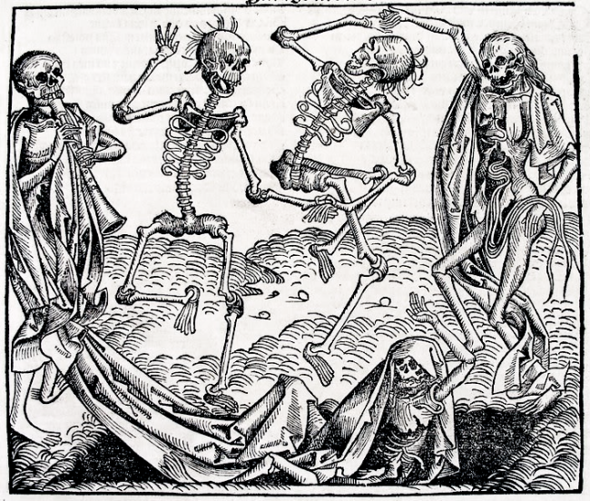 A group of skeletons holding hands dance and play instruments over a grave