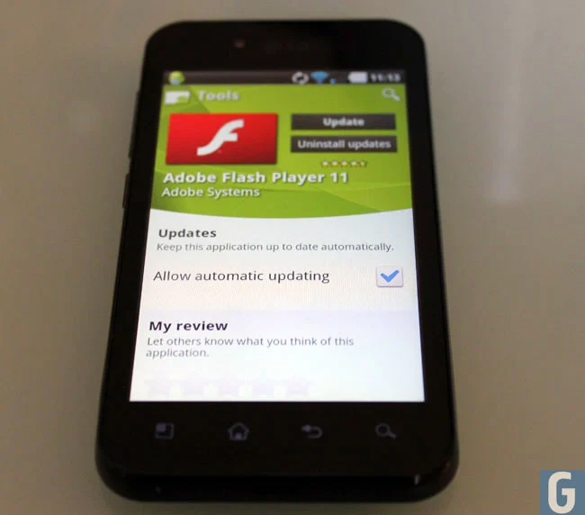 photo of a phone displaying Adobe Flash