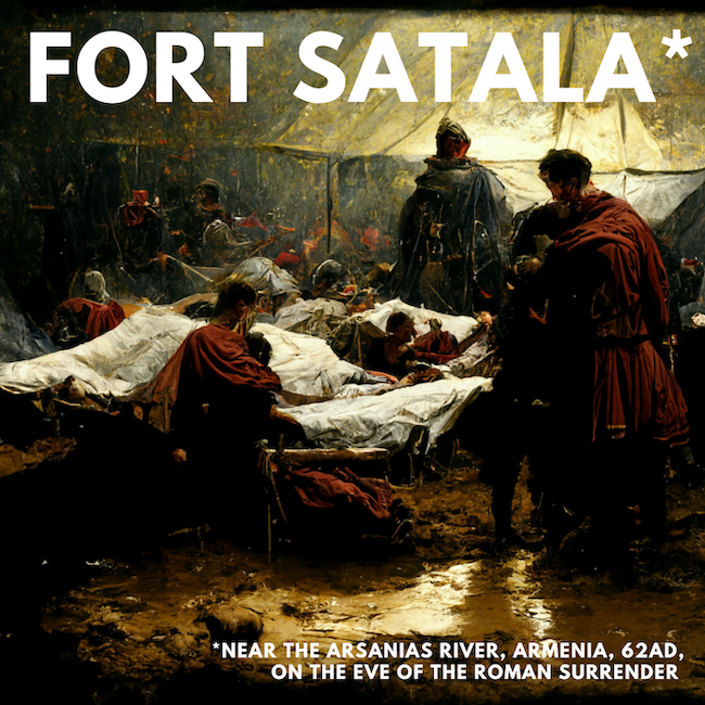 Fort Satala, Near the Arsanias River, Armenia, 62AD, on the Eve of the Roman Surrender. The image shows Roman soldiers in a grimy hospital tent.