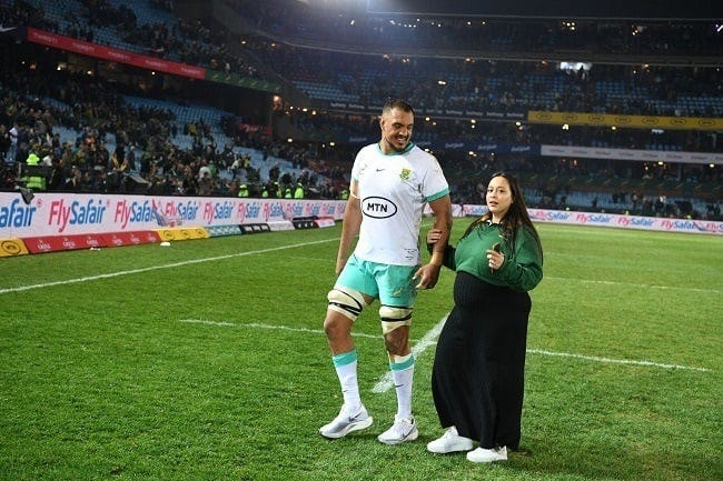 Salmaan Moerat, pictured here with his pregnant wife Haanim after the 27-20 win over Ireland at Loftus Versfeld, is the Boks' 66th captain and the first Muslim to hold the position. (Lefty Shivambu/Gallo Images)