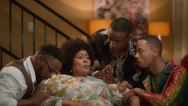 Three man plead with an elderly woman. Netflix movie: A Soweto Love Story