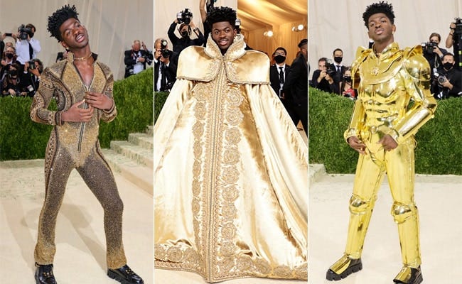 Three photos of Lil Nas X, wearing each of his gold looks at the entrance of the Met.