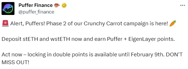 Alert, Puffers! Phase 2 of our Crunchy Carrot campaign is here! 🥕
 
 Deposit stETH and wstETH now and earn Puffer + EigenLayer points.
 
 Act now — locking in double points is available until February 9th. DON’T MISS OUT!