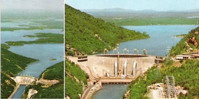 Side-by-side images show a concrete dam from above and then from closer and a lower angle.