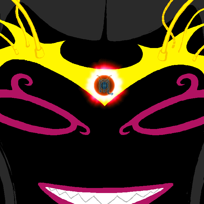 Extreme closeup of a grinning Condescension. Mechanical wires are coming out of her tiara, and on her forehead are overlapping marks of Taurus and Scorpio.