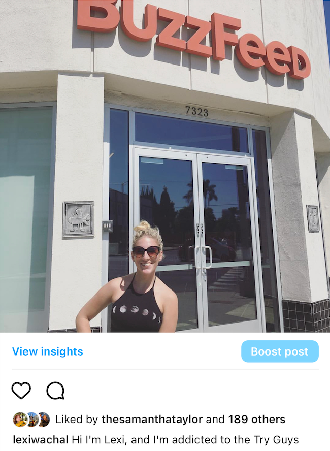 a screenshot from instagram of a teenaged girl standing in front of the buzzfeed building in Los Angeles, California