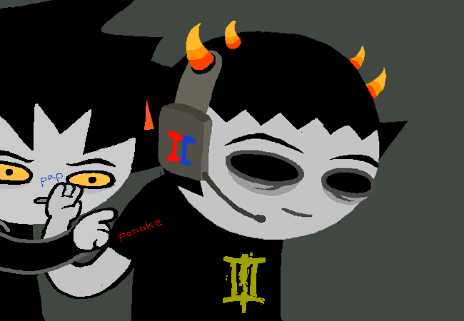 A blind Sollux is talking on the phone, looking all chilled out while Karkat pokes him in confusion.