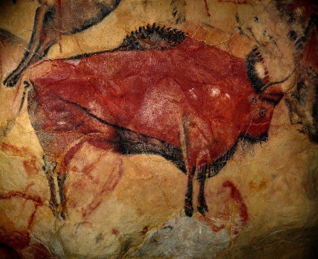 Pre-historic cave wall painting of a red bison. It is part of the cave drawings at Altamira in Spain— the image is in the public domain — source Wikipedia